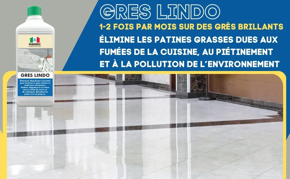 Marbec LINDO 1LT GRES + MELAMINE PAD Detergent for cleaning porcelain stoneware degreases and does not contaminate the surface with greasy surfactants and rinsing agents. - MARBEC | GRES LINDO Détergent concentré dégraissant pour surfaces en grès et matériaux céramiques