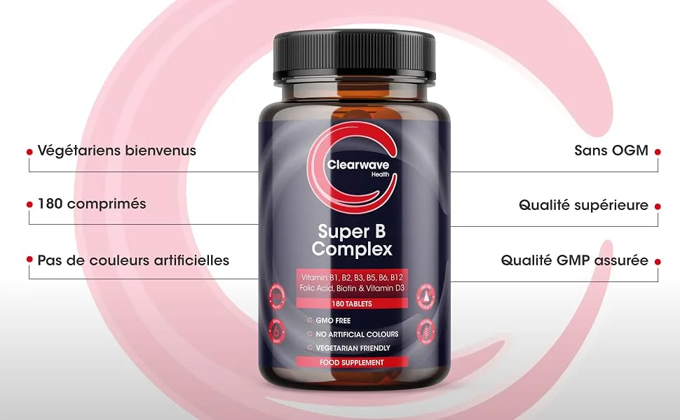 Super powerful B vitamin complex - 8 B vitamins: B1 B2 B3 B5 B6 B12 Biotin Folic acid and Vitamin D3-6 months supply - Clearwave Health - vitamine b complex