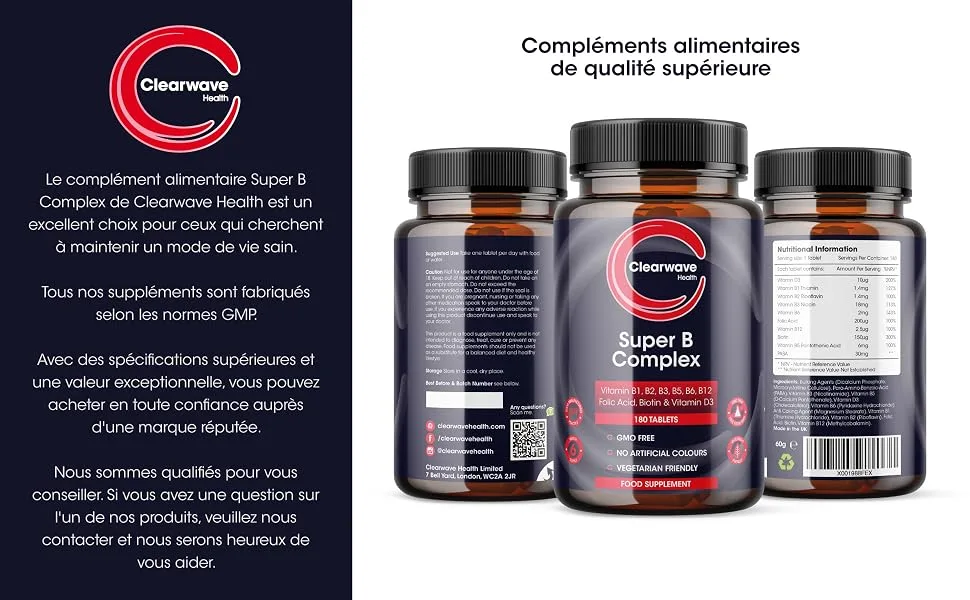Super powerful B vitamin complex - 8 B vitamins: B1 B2 B3 B5 B6 B12 Biotin Folic acid and Vitamin D3-6 months supply - Clearwave Health - vitamine b complex