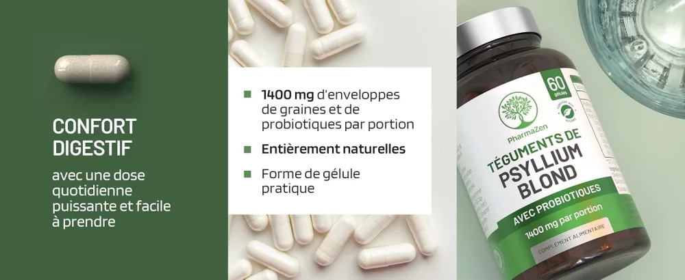 Psyllium Blond with Probiotics 1400 mg - 99% Pure Integuments - 60 Capsules - Transit Digestion Intestinal Function - Dietary Fiber with Psyllium Husk & Probiotic Complex 6 Billion CFU - Téguments de Psyllium blond