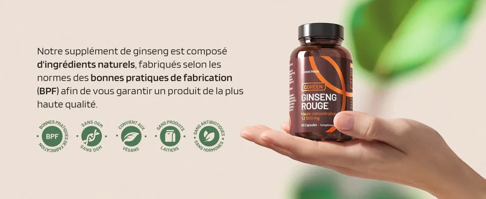 Panax Korean Red Ginseng - Extra Strong 12 500 mg - 60 Capsules - Ginseng Root Extract with 20% Ginsenosides - Vegan - panax ginseng coréen