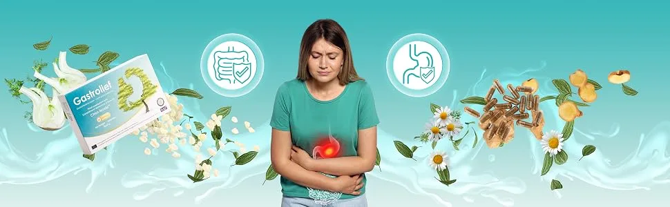 GASTROLIEF Advanced Digestive Support Anti-Reflux & Anti-Bloating | Natural Formula with Chios Putty Chamomile Ginger Fennel | Gluten Free | 40 Capsules - Gastrolief