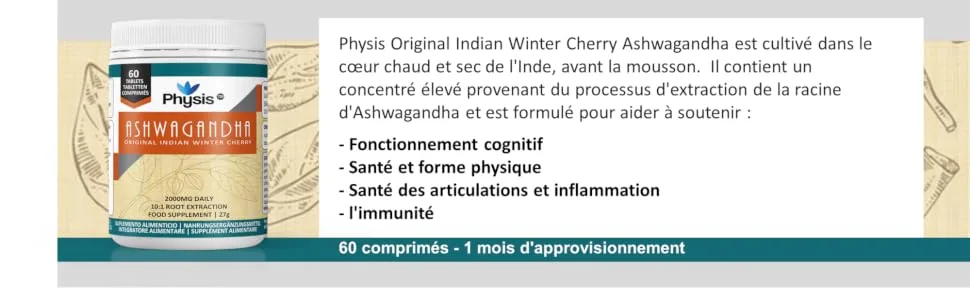 Ashwagandha Physis Tablets | 60 Tablets | 2000mg High Strength | Ashwagandha Pure KSM 66 Root Extract Supplement | Body & Cognition Supports | Vegan - HHSR