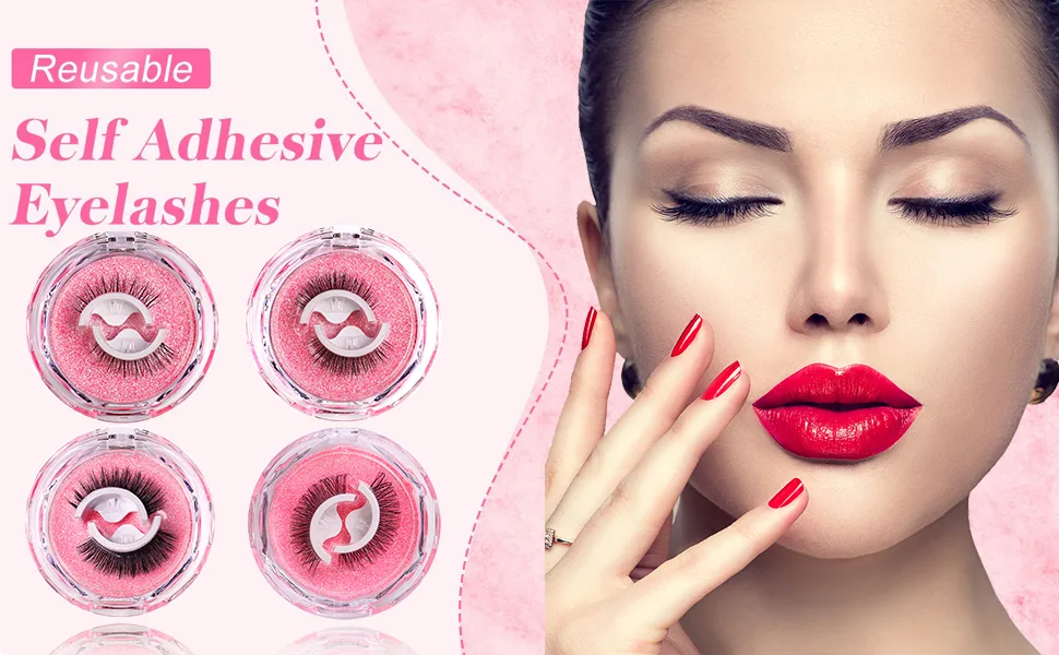 Reusable Self-Adhesive Eyelashes Natural Looking False Eyelashes Long Curly Eyelashes No Glue/Eyeliner/Magnet Waterproof and Easy to Apply (4 Pairs) - Cils Auto-Adhésifs Réutilisables
