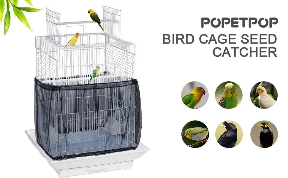 POPETPOP Bird Cage Cover Seed Catcher Birdcage Nylon Mesh Net Cover Skirt Guard (Black) - bird cage net