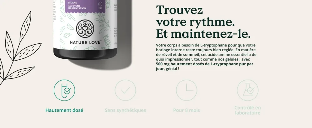 NATURE LOVE L-tryptophan - 240 capsules - highly dosed with 500mg per capsule - vegan laboratory-controlled and produced in Germany - without unnecessary additives - L-Tryptophan
