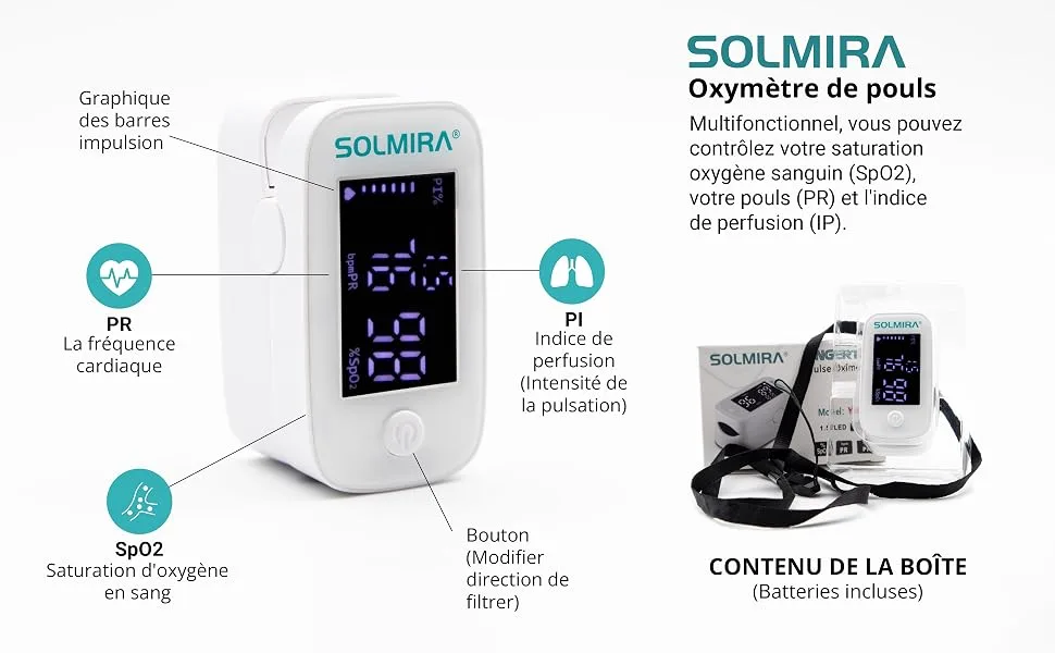 SOLMIRA Finger Pulse Oximeter High Accuracy Quick Result Includes Cord - Oximetro