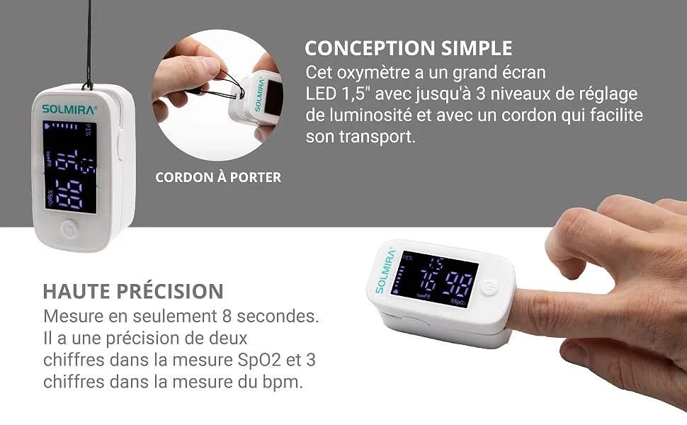 SOLMIRA Finger Pulse Oximeter High Accuracy Quick Result Includes Cord - Portable