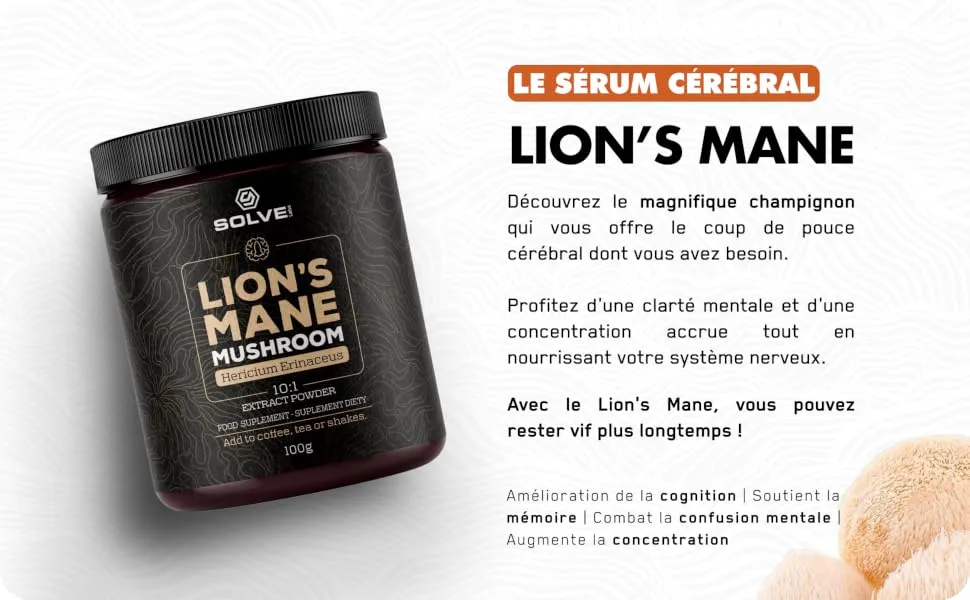 Solve Labs Premium Lion Mane Extract Powder 100% Fruiting Body 45% Beta-D-Glucans Extract 10:1 Zero Filling Agent & Additive 30G - Le Sèrum Cèrèbral
