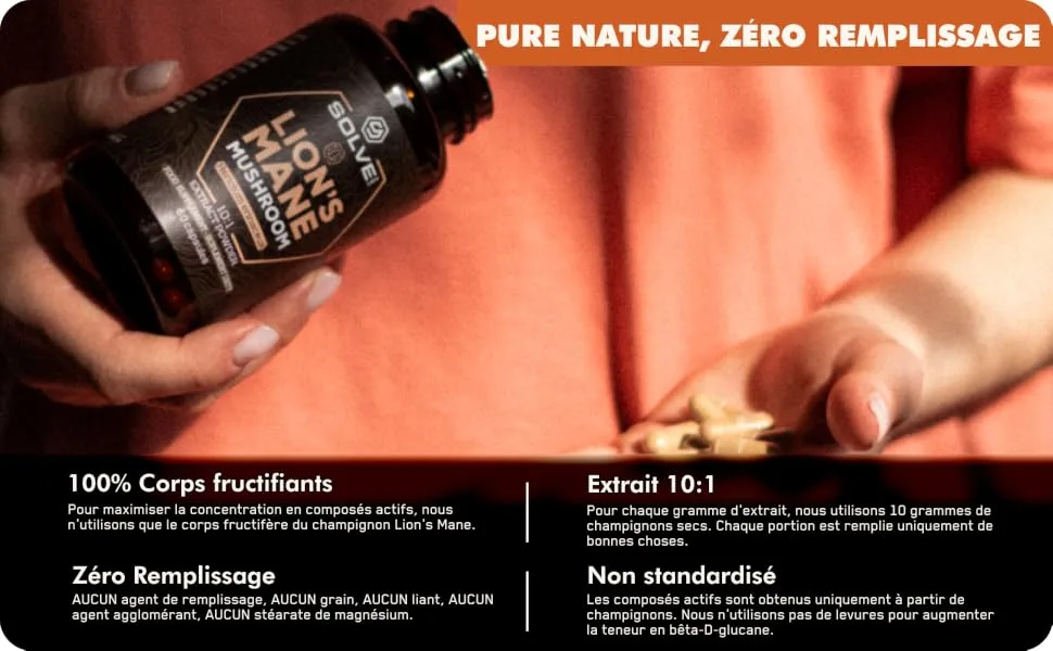 Solve Labs Premium Lion Mane Extract Powder 100% Fruiting Body 45% Beta-D-Glucans Extract 10:1 Zero Filling Agent & Additive 30G - pure nature, zero remplissage