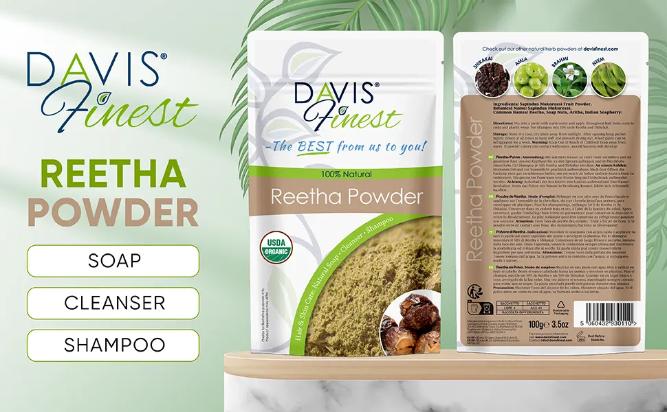 Davis Finest Premium Reetha Soapnut Powder (100g) - poudre de noix de savon reetha aritha soins capillaires masques