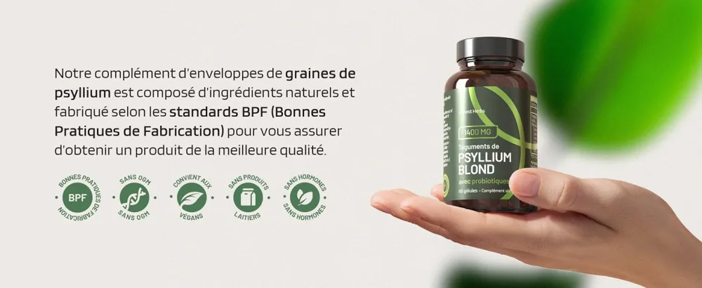 Psyllium Blond with Probiotics 1400 mg - 99% Pure Integuments - 60 Capsules - Transit Digestion Intestinal Function - Dietary Fiber with Psyllium Husk & Probiotic Complex 6 Billion CFU - Téguments de Psyllium blond