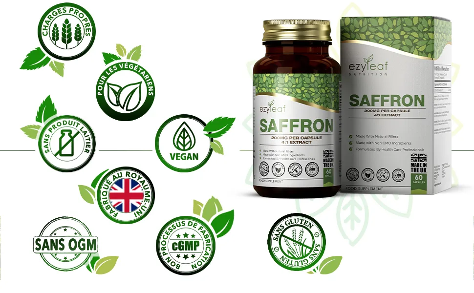 Ezyleaf Saffron Supplement | 60 Saffron High Content Capsules - 200mg Saffron Extract Per Serving | Non-GMO Gluten Free Product & Allergen Free | Made In UK - Saffron