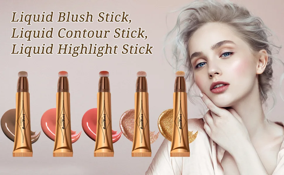 Fengyang 3Pcs 3 in 1 Creamy Highlighter Stick Liquid Contouring Blush Stick Liquid Blush Stick with Cushion Applicator Contouring Face Makeup Blush (B) - description