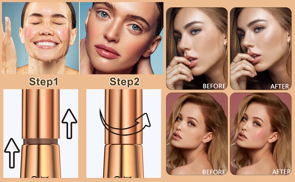 Fengyang 3Pcs 3 in 1 Creamy Highlighter Stick Liquid Contouring Blush Stick Liquid Blush Stick with Cushion Applicator Contouring Face Makeup Blush (B) - effects