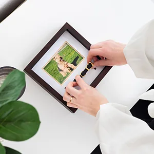 Pearhead Pet Collar Keepsake Picture Frame Espresso Collar Frame - Pet owner placing pet collar inside shadowbox frame