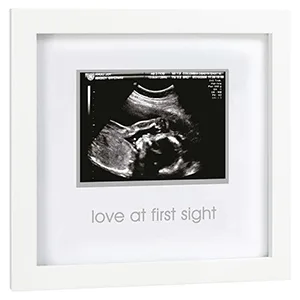Pearhead Love at First Sight Sonogram Picture Frame, Pregnancy Keepsake Photo Frame, Gender-Neutral Baby Nursery Dcor, Mothers Day Accessory, White Love at First Sight Frame, White - White baby picture frame with Love At First Sight stamped in silver on a beveled mat