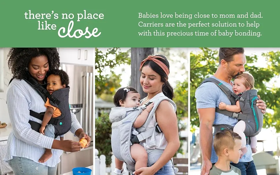 Infantino Hug and Tug Musical Bug Multi - Two women and a man each wearing an Infantino carrier and carrying a baby.