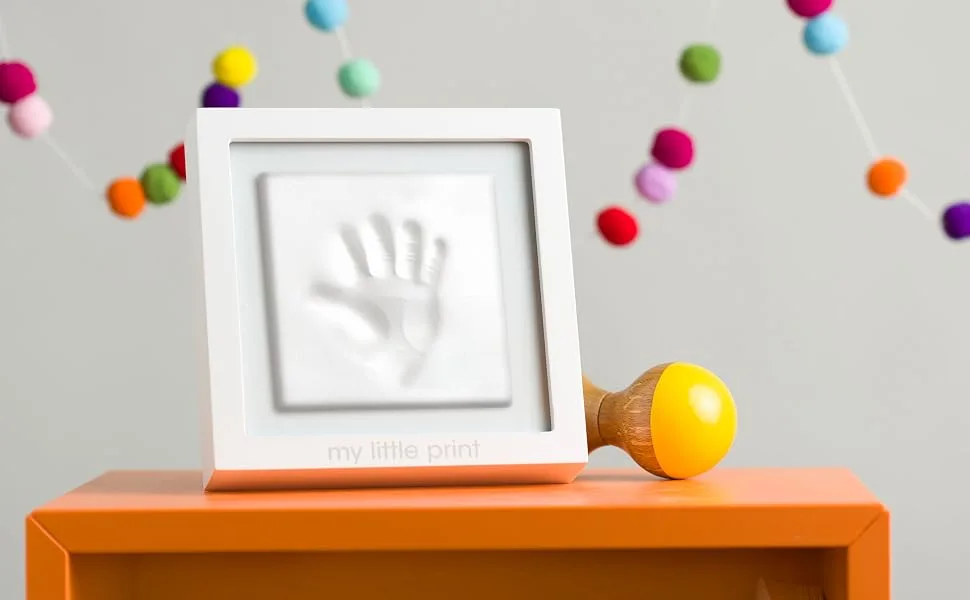 Pearhead Babyprints Clay Keepsake Frame, Newborn Baby Handprint Kit, New Parents Gift, White - Rustic gray collage frame with 4 photo openings and included clean touch ink pad