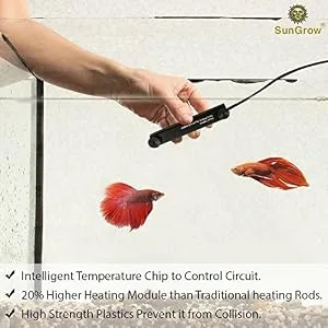 SunGrow Halfmoon Betta Heater, 10 Watts, for Small Tanks, Fully Submersible Aquarium Heater, Automatically Reaches Preset Temperature, Energy-Efficient Heating Module, Suction Cups Included - Heater