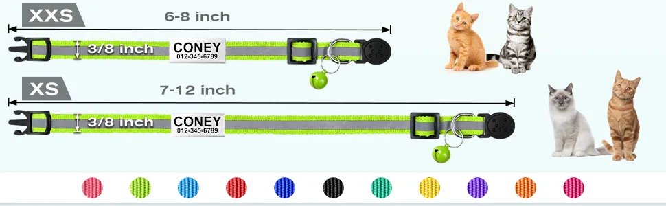 TagME 2 Pack Personalized Reflective Cat Collars Breakaway with Bell, Adjustable Pet Collars for Boy & Girl Cats Kitten Standard 7-12" Green - Personalized Reflective Cat Collar