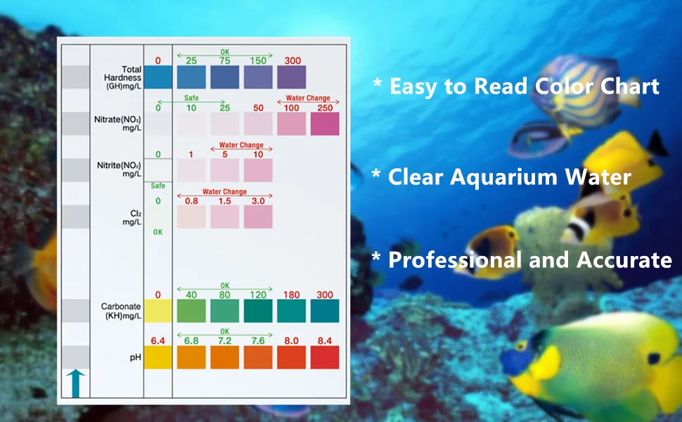 Aquarium Test Strips,100 Strips Fish Tank Test Kit for Testing pH Nitrite Nitrate Chlorine General & Carbonate Hardness, Accurate Saltwater and Freshwater Aquarium Water Testing 6 in 1 - 6-in-1 aquarium test kit