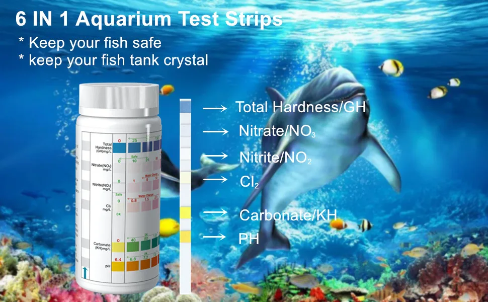 Aquarium Test Strips,100 Strips Fish Tank Test Kit for Testing pH Nitrite Nitrate Chlorine General & Carbonate Hardness, Accurate Saltwater and Freshwater Aquarium Water Testing 6 in 1 - aquarium test strips