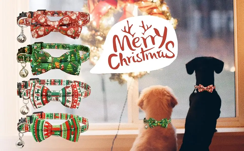 Casidoxi 2 Pack Cat Christmas Collars Breakaway with Bell, Xmas Plaid Bowtie Cat Safety Collars for Kitten Reindeer stripe+Xmas Tree Stripe - banner-zs