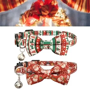 Casidoxi 2 Pack Cat Christmas Collars Breakaway with Bell, Xmas Plaid Bowtie Cat Safety Collars for Kitten Reindeer stripe+Xmas Tree Stripe - product information 3