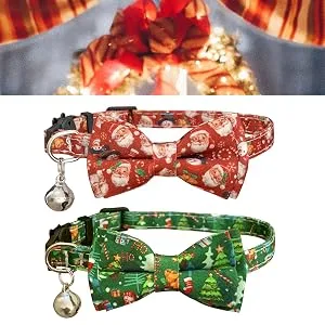 Casidoxi 2 Pack Cat Christmas Collars Breakaway with Bell, Xmas Plaid Bowtie Cat Safety Collars for Kitten Reindeer stripe+Xmas Tree Stripe - product information 4