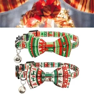 Casidoxi 2 Pack Cat Christmas Collars Breakaway with Bell, Xmas Plaid Bowtie Cat Safety Collars for Kitten Reindeer stripe+Xmas Tree Stripe - product information 5