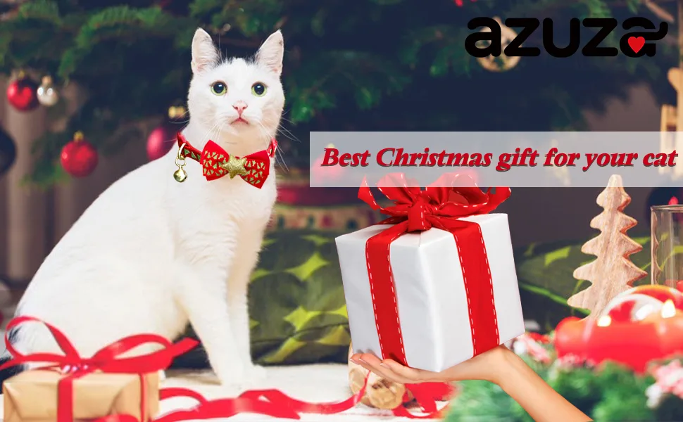 azuza 2 Pack Cat Collar Breakaway with Bell and Removable Bowtie Cat Collar Adjustable from 8"-12" Neck: 8"-12" 1#Christmas - cat collar