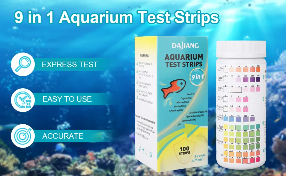 DAJIANG 9 in 1 Aquarium Test Strips,100 Strips Aquarium Testing Kit for Freshwater Saltwater, Pond Test Strips for Fish Tank Testing pH, Iron, Copper, Nitrite, Nitrate, Hardness, More - product information 1