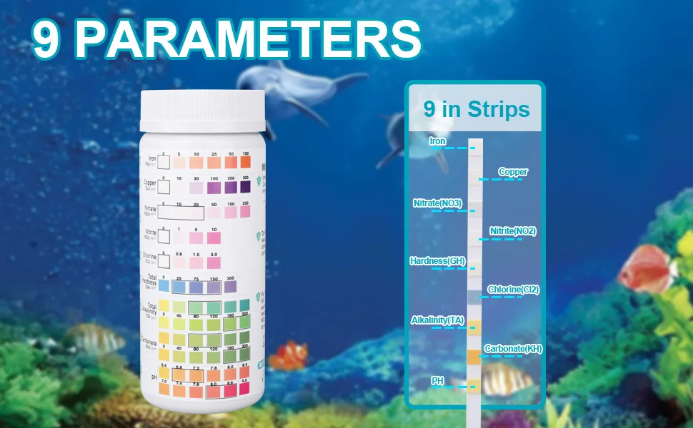 DAJIANG 9 in 1 Aquarium Test Strips,100 Strips Aquarium Testing Kit for Freshwater Saltwater, Pond Test Strips for Fish Tank Testing pH, Iron, Copper, Nitrite, Nitrate, Hardness, More - product information 2