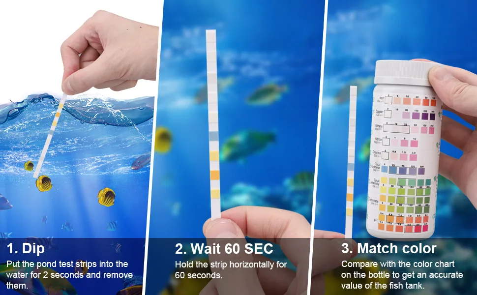 DAJIANG 9 in 1 Aquarium Test Strips,100 Strips Aquarium Testing Kit for Freshwater Saltwater, Pond Test Strips for Fish Tank Testing pH, Iron, Copper, Nitrite, Nitrate, Hardness, More - product information 3