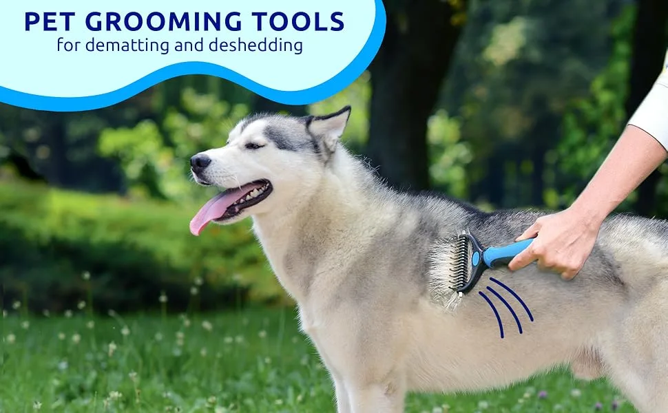 Pat Your Pet Deshedding Brush - Double-Sided Undercoat Rake for Dogs & Cats - Shedding Comb and Dematting Tool for Grooming Blue - Pet Grooming Tools for dematting and deshedding