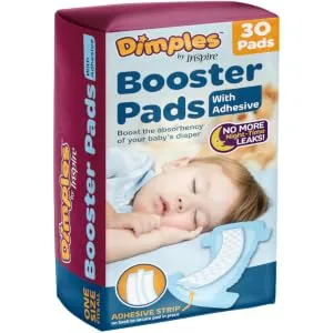 Dimples Booster Pads, Baby Diaper Doubler with Adhesive - Boosts Diaper Absorbency - No More leaks 30 Count (with Adhesive for Secure Fit)  (30 Count) - overnight diapers