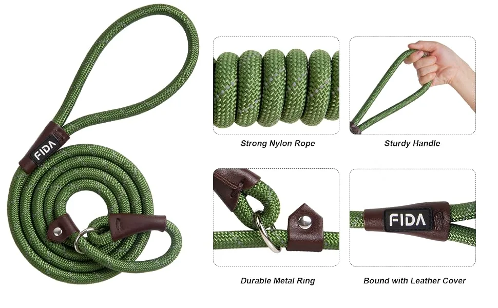 Fida Durable Slip Lead Dog Leash, Heavy Duty 1/2" x 6 FT Comfortable Strong Rope Slip Leash for Large, Medium & Small Dogs No Pulling Pet Training Leash with Highly Reflective Threads Large(1/2"-6ft) Green - details green