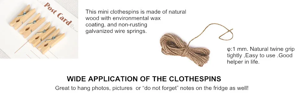 aHeemo Mini Clothespins, Mini Natural Wooden Clothespins with Jute Twine, Multi-Function Clothespins Photo Paper Peg Pin Craft Clips (Natural 250 Pcs) - product information 3