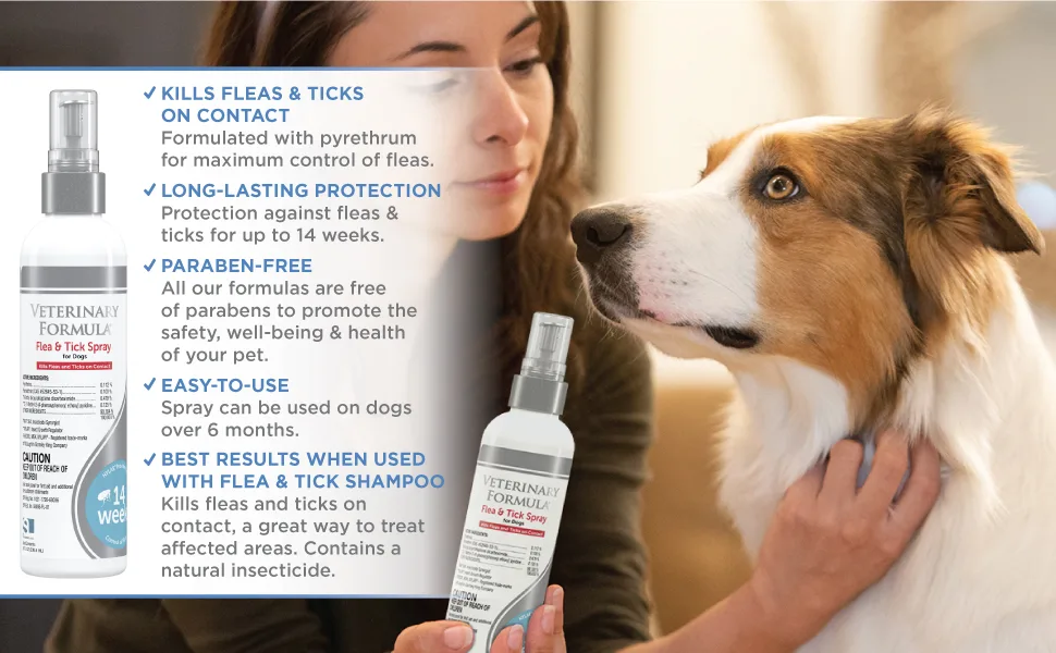 Veterinary Formula Flea and Tick Spray for Dogs, 8 oz  Easy-to-Use Dog Flea Spray, Kills on Contact, Prevents Egg & Larval Development for 14 Weeks - kills on contact paraben free long lasting protection