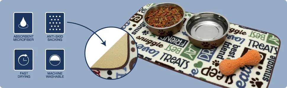 Kitchen Basics Microfiber Pet Bowl Feeding Mat, Anti-Skid and Absorbent Taupe Paws - product information 9