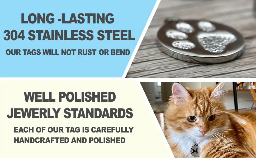 Stainless Steel Cat ID Tags - Engraved Personalized Cat Tags Includes up to 4 Lines of Text for Cat Round Moon - Cat collar