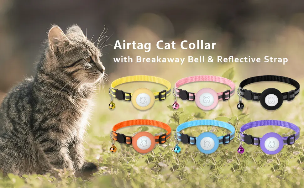 Airtag Cat Collar with Breakaway Bell, Reflective Adjustable Strap with Air Tag Case for Cat Kitten Pink - airtag cat collar