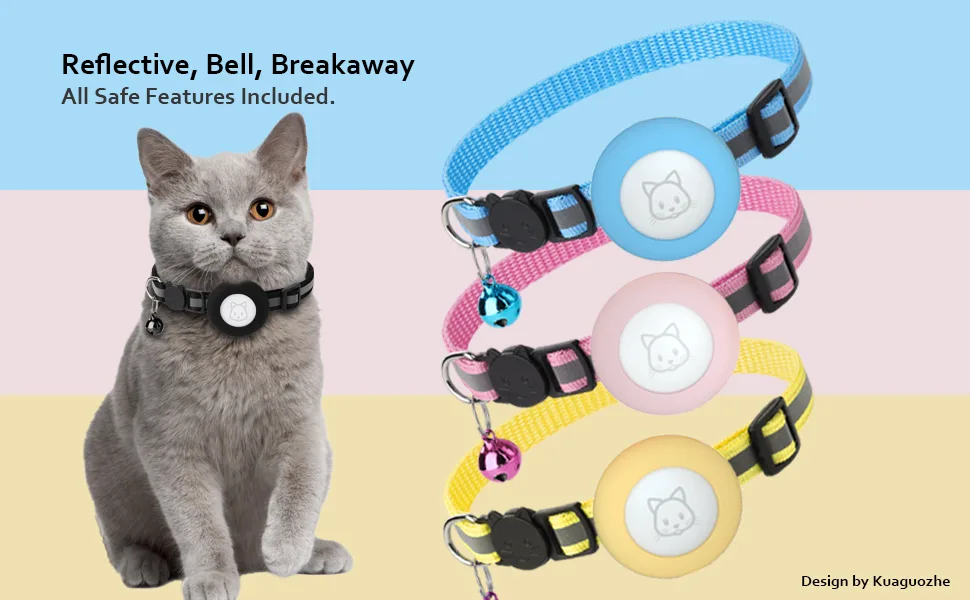 Airtag Cat Collar with Breakaway Bell, Reflective Adjustable Strap with Air Tag Case for Cat Kitten Pink - airtag cat collar