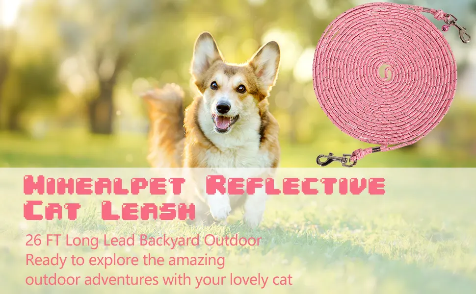 Cat Cable Out Leash 26-feet Escape Proof Walking Leads Long Durable Reflective Extender Training Control Play Yard Backyard Outdoor for Puppy, Kitten, Rabbits and Small Animals, Pink - product information 2