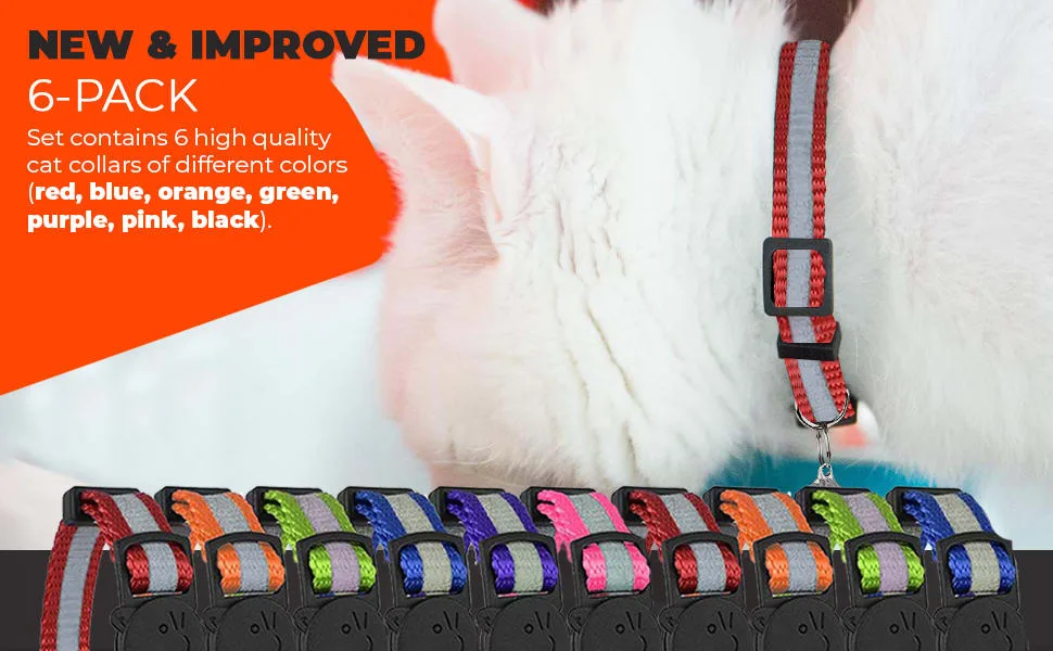 Upgraded Version - Reflective Cat Collar with Bell, Set of 6, Solid & Safe Collars for Cats, Nylon, Mixed Colors, Pet Collar, Breakaway Cat Collar, Free Replacement (6-Pack) - cat collar red blue orange green