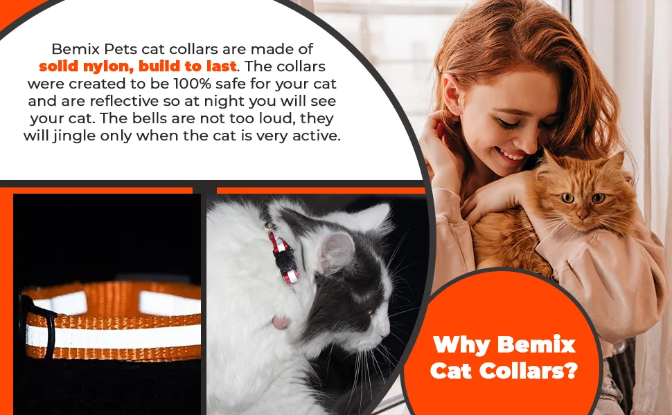 Upgraded Version - Reflective Cat Collar with Bell, Set of 6, Solid & Safe Collars for Cats, Nylon, Mixed Colors, Pet Collar, Breakaway Cat Collar, Free Replacement (6-Pack) - cat collars reflective bells red blue orange