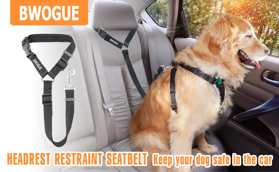 BWOGUE Pet Dog Cat Seat Belts, Car Headrest Restraint Adjustable Safety Leads Vehicle Seatbelt Harness Black - product information 1
