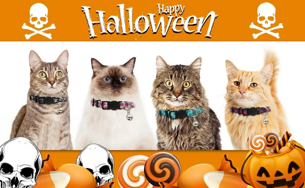azuza 4 Pack Plaid Pattern Cat Collar Breakaway with Bell and Cat Collar Adjustable Cat and Kitten Collars Kitten(Neck:6"-8") 1#Merry Christmas - Halloween Cat Collar