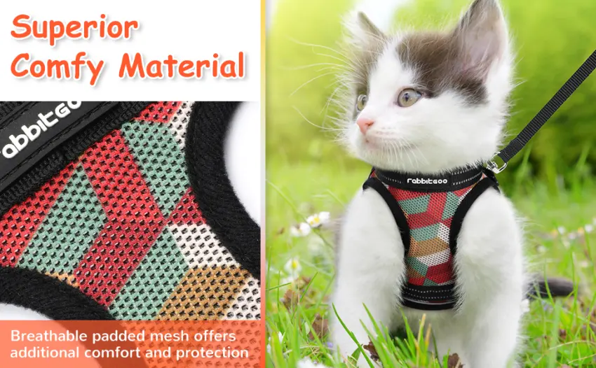 rabbitgoo Kitten Harness and Leash Set, Escape Proof Cat Walking Vest for Small Cats, Adjustable Easy Control Outdoor Harness, Breathable Pet Jacket with Reflective Strips, Geometric Pattern Small Orange&Red - product information 21